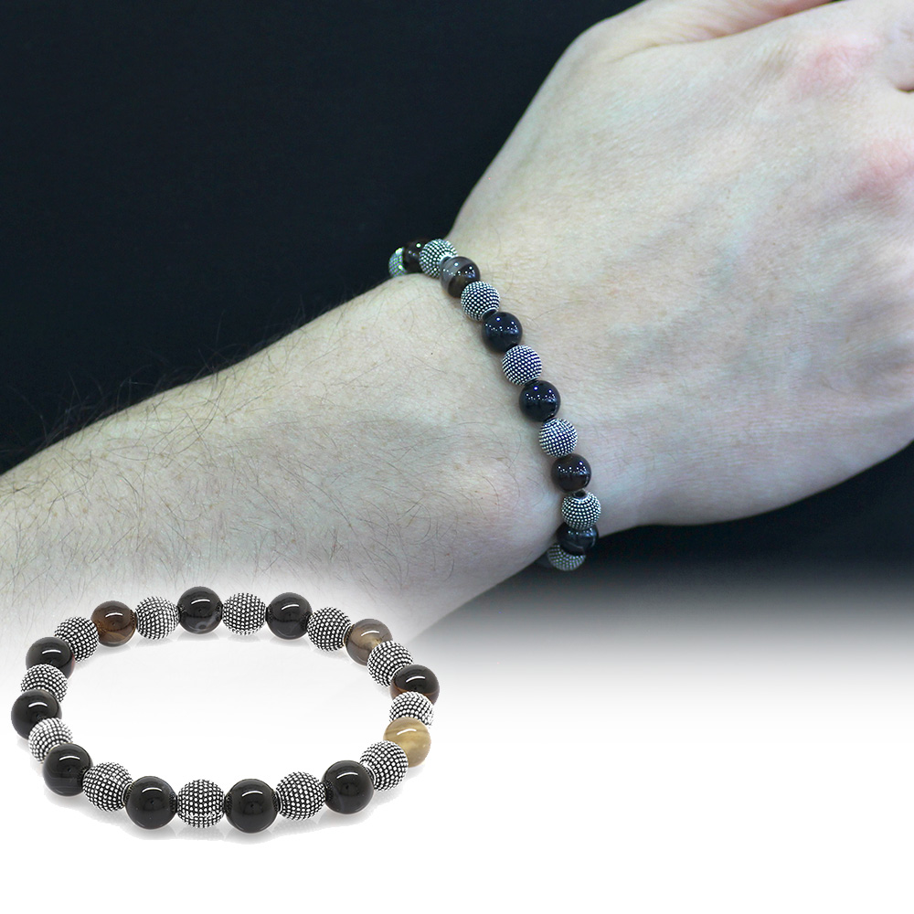 Süleyman Akik Doğaltaş Bileklik - Metal Kombinli - Küre Kesim - 1