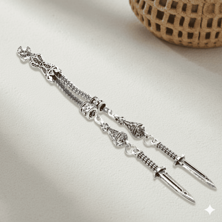 Süngü Temalı Foxtail Zincirli Çift Kamçılı Kararmaz Metal Püskül - Tesbihane