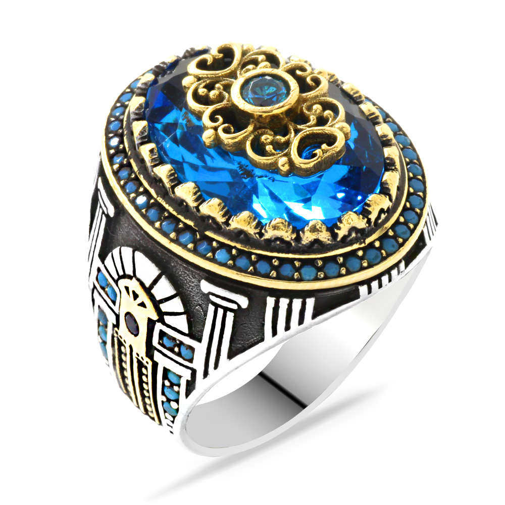 Sur Kapısı Temalı Faset Kesim Aqua Mavi Zirkon Taşlı 925 Ayar Gümüş Erkek Yüzük - 3