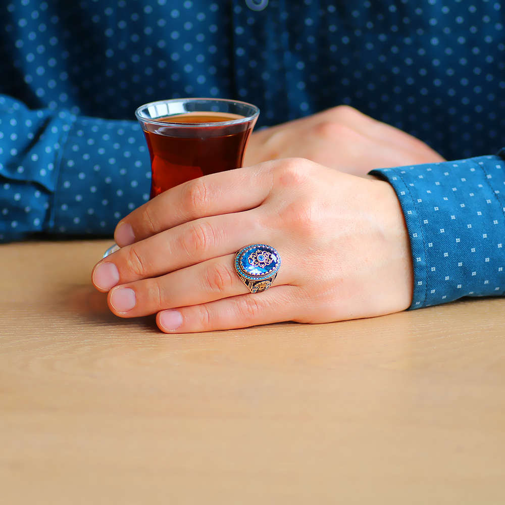 Sur Kapısı Temalı Faset Kesim Aqua Mavi Zirkon Taşlı 925 Ayar Gümüş Erkek Yüzük - 2