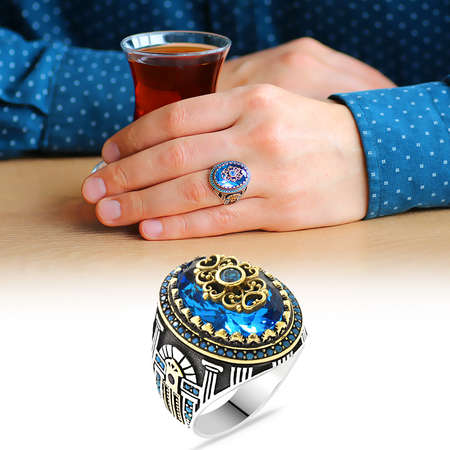 Sur Kapısı Temalı Faset Kesim Aqua Mavi Zirkon Taşlı 925 Ayar Gümüş Erkek Yüzük - Tesbihane