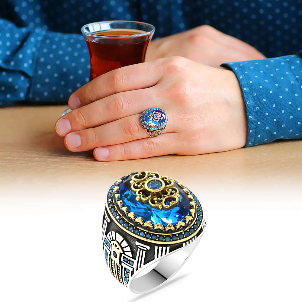 Sur Kapısı Temalı Faset Kesim Aqua Mavi Zirkon Taşlı 925 Ayar Gümüş Erkek Yüzük - 1