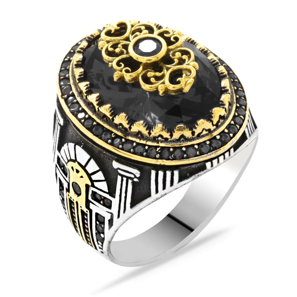 Sur Kapısı Temalı Faset Kesim Siyah Zirkon Taşlı 925 Ayar Gümüş Erkek Yüzük - 3