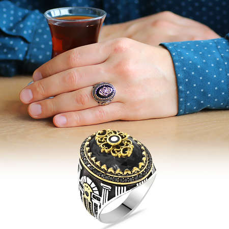 Sur Kapısı Temalı Faset Kesim Siyah Zirkon Taşlı 925 Ayar Gümüş Erkek Yüzük - Tesbihane