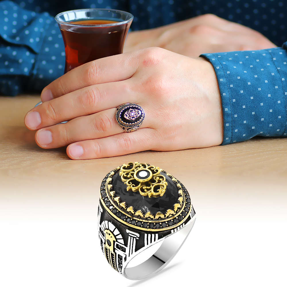 Sur Kapısı Temalı Faset Kesim Siyah Zirkon Taşlı 925 Ayar Gümüş Erkek Yüzük - 1