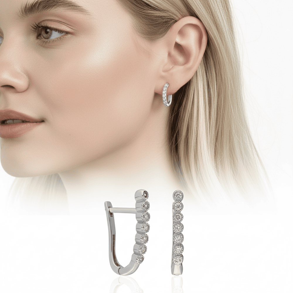 Suyolu Tasarım Sıralı Zirkon Taş Süslemeli Gümüş Renk 925 Ayar Gümüş Bayan Küpe - 1