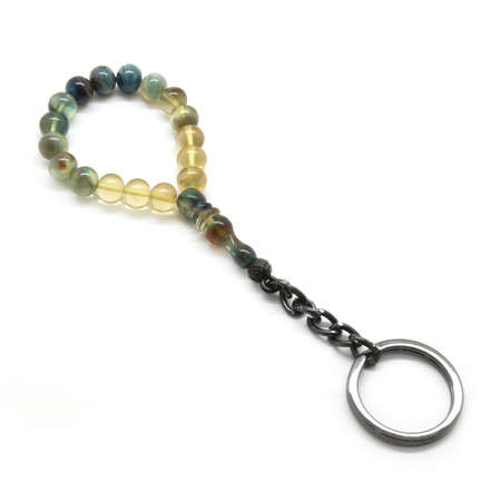 Süzme Hareli Sıkma Kehribar-Çelik Kombinli Tesbih Anahtarlık - Tesbihane