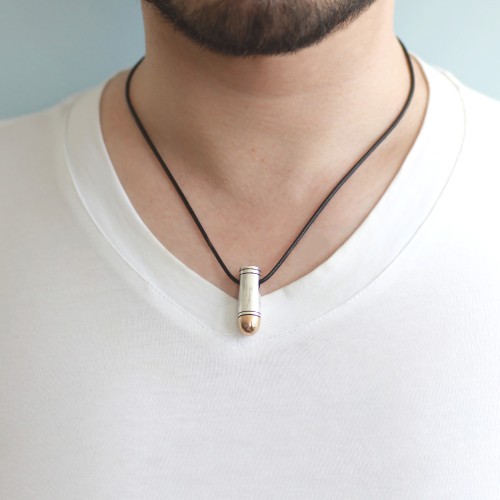 Tabanca Mermisi Tasarım İp Zincirli 925 Ayar Gümüş Erkek Kolye - 2