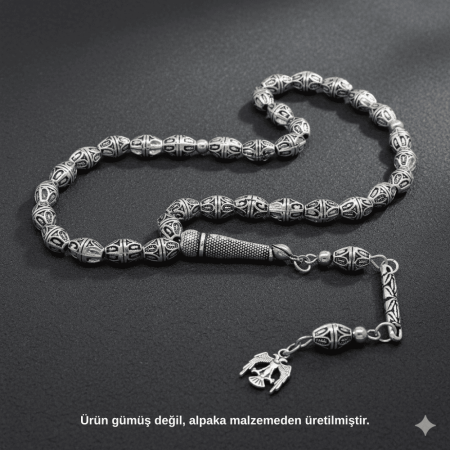 Tasarım Kalem İşçilikli Çift Başlı Kartal Püsküllü Arpa Kesim Oksitli Gümüş Renk Alpaka Tesbih - Tesbihane