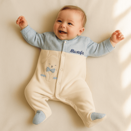 Tavşan Desenli İsme Özel Nakışlı Mavi Beyaz Bebek Tulumu - Tesbihane