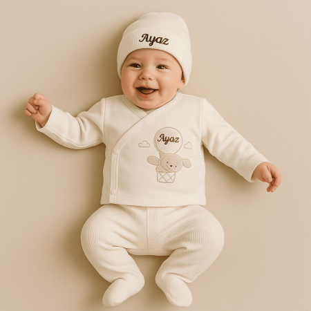 Tavşan Desenli İsme Özel Nakışlı Krem 5 li Yenidoğan Hastane Çıkış Bebek Takımı - Tesbihane