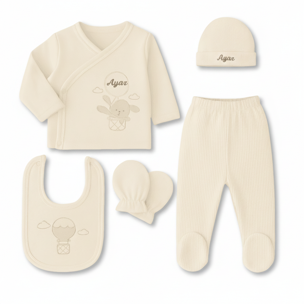 Tavşan Desenli İsme Özel Nakışlı Krem 5 li Yenidoğan Hastane Çıkış Bebek Takımı - 4