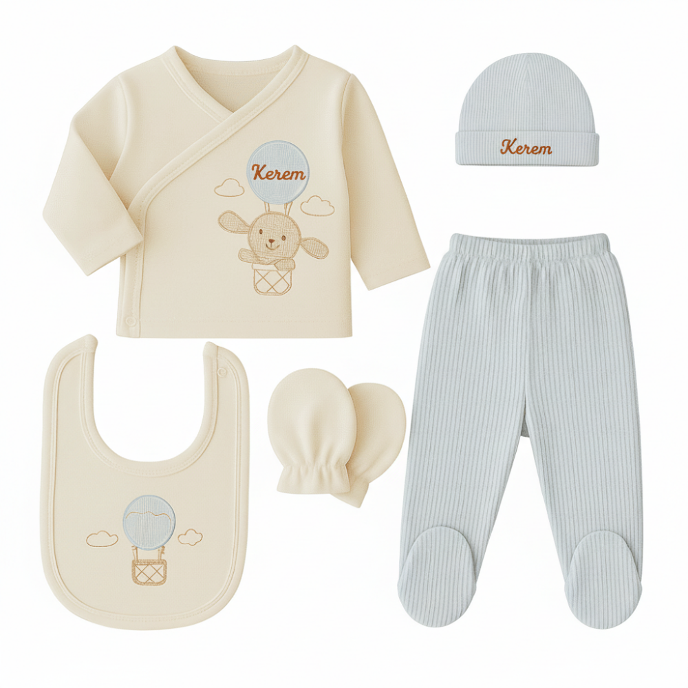 Tavşan Desenli İsme Özel Nakışlı Krem Mavi 5 li Yenidoğan Hastane Çıkış Bebek Takımı - 4