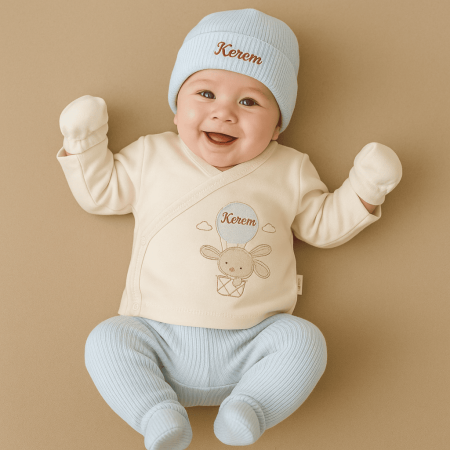 Tavşan Desenli İsme Özel Nakışlı Krem Mavi 5 li Yenidoğan Hastane Çıkış Bebek Takımı - Tesbihane