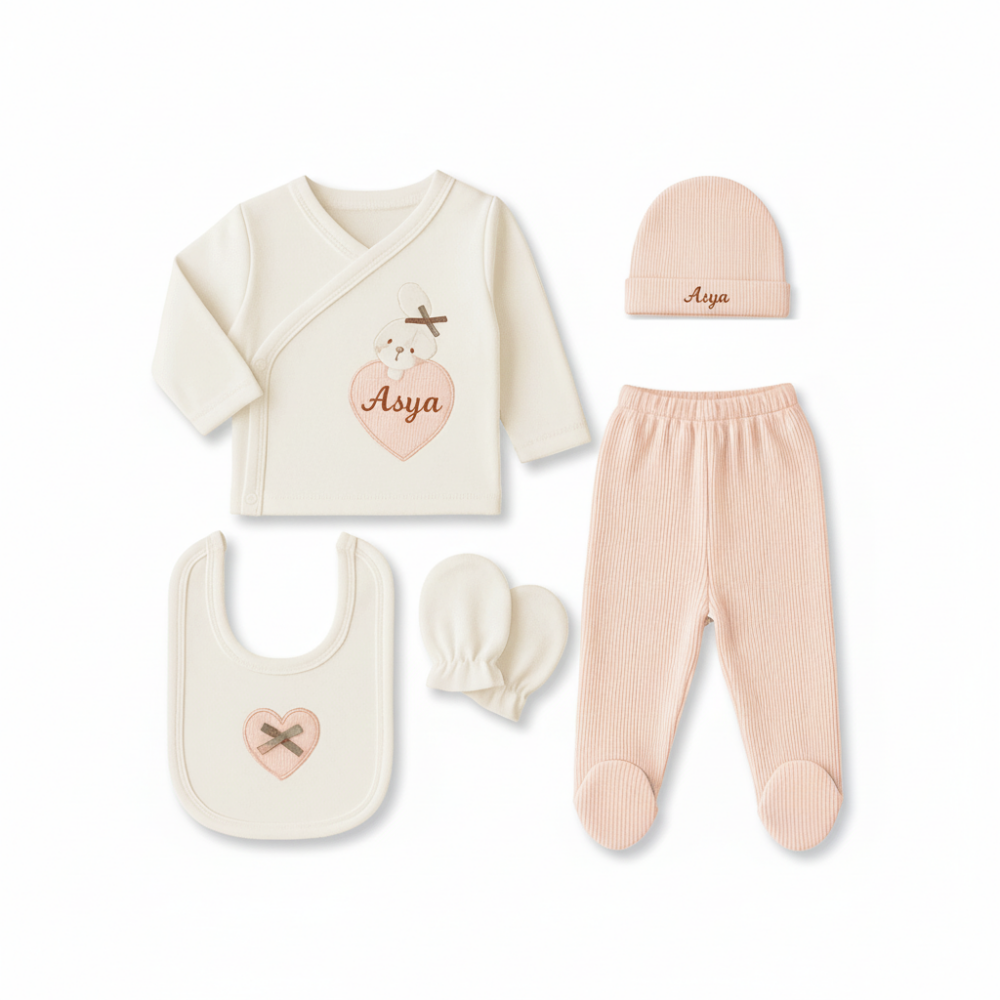 Tavşan Desenli İsme Özel Nakışlı Krem Pembe 5 li Yenidoğan Hastane Çıkış Bebek Takımı - 4