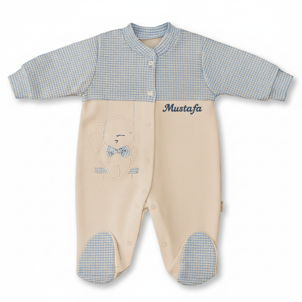 Tavşan Desenli İsme Özel Nakışlı Mavi Beyaz Bebek Tulumu 0-3 Ay - 3