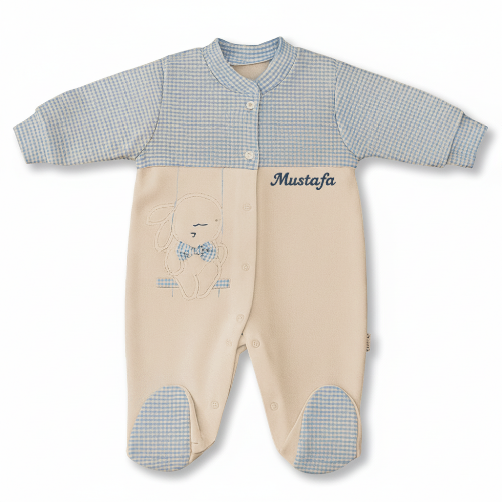 Tavşan Desenli İsme Özel Nakışlı Mavi Beyaz Bebek Tulumu 3-6 Ay - 3