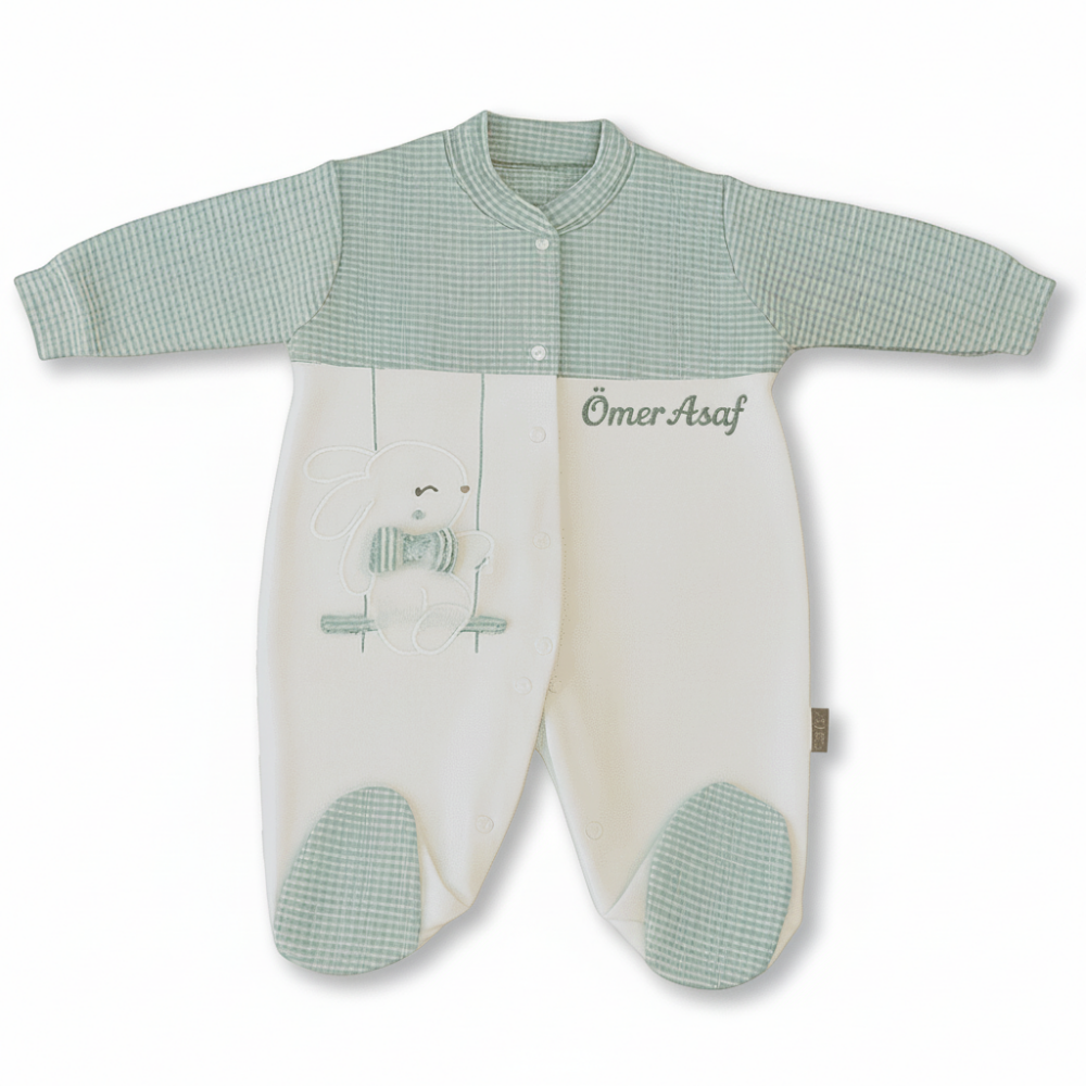 Tavşan Desenli İsme Özel Nakışlı Yeşil Beyaz Bebek Tulumu 0-3 Ay - 3