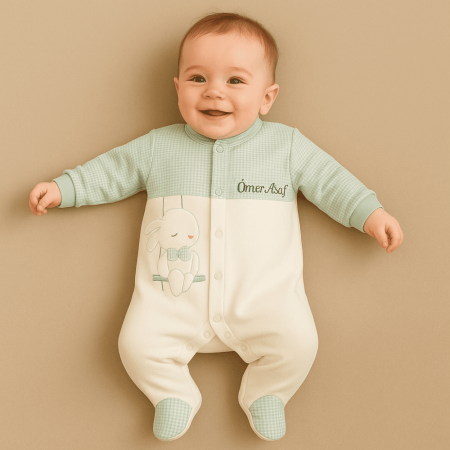 Tavşan Desenli İsme Özel Nakışlı Yeşil Beyaz Bebek Tulumu 3-6 Ay - Tesbihane