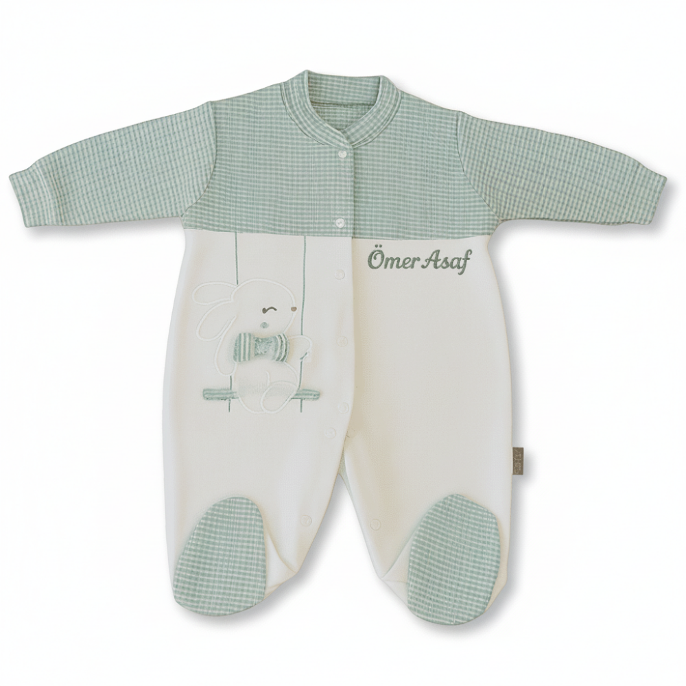 Tavşan Desenli İsme Özel Nakışlı Yeşil Beyaz Bebek Tulumu 3-6 Ay - 3
