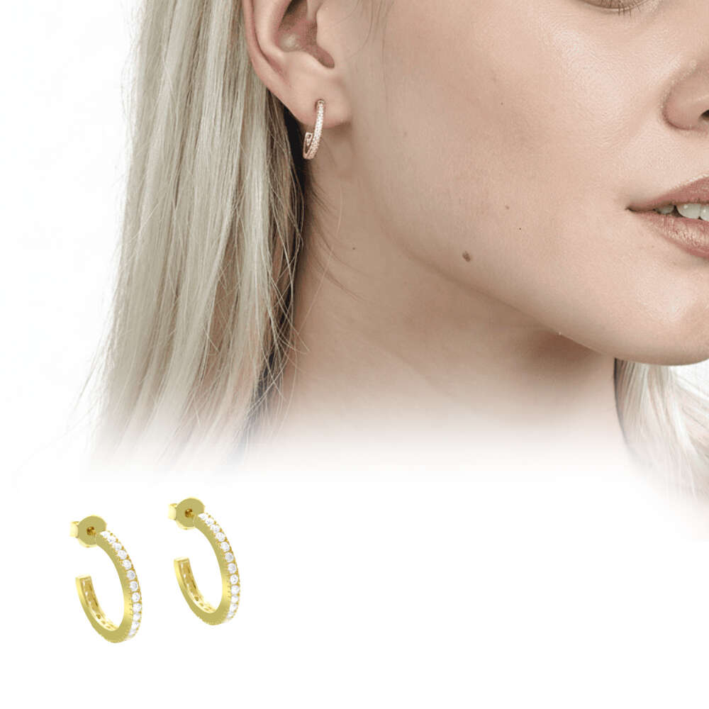 Tek Sıra Mikro Beyaz Zirkon Taşlı Altın Renk Yarım Tur 925 Ayar Gümüş Kadın Küpe - 1