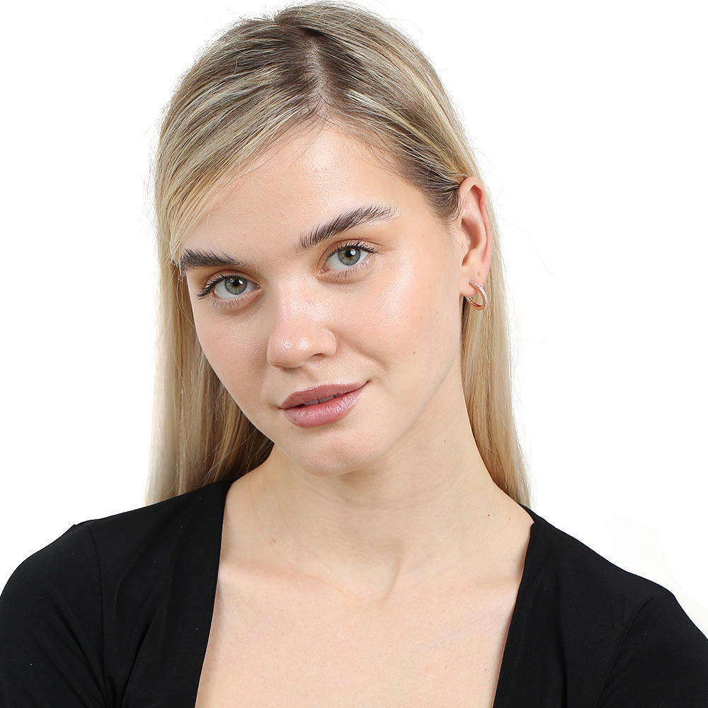 Tek Sıra Mikro Beyaz Zirkon Taşlı Rose Renk Yarım Tur 925 Ayar Gümüş Kadın Küpe - 2