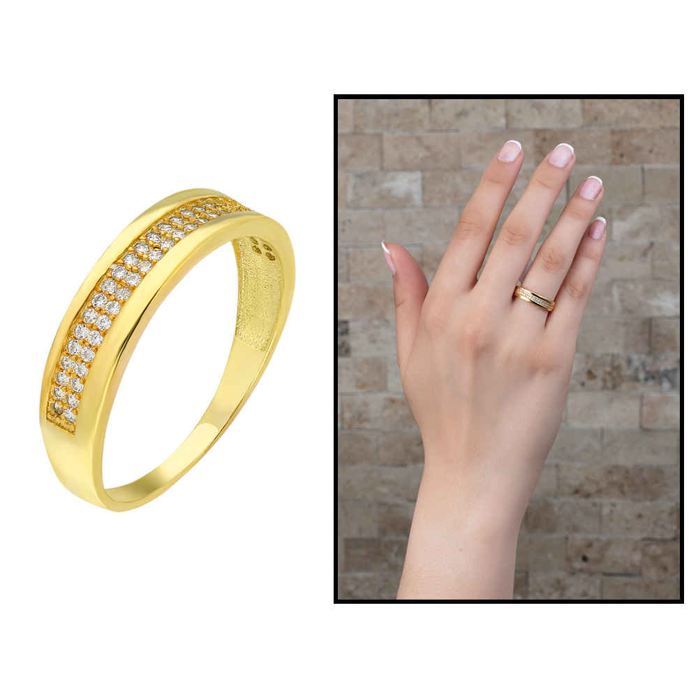 Tek Sıra Zirkon Taşlı Gold Renk 925 Ayar Gümüş Bayan Yüzük - 1