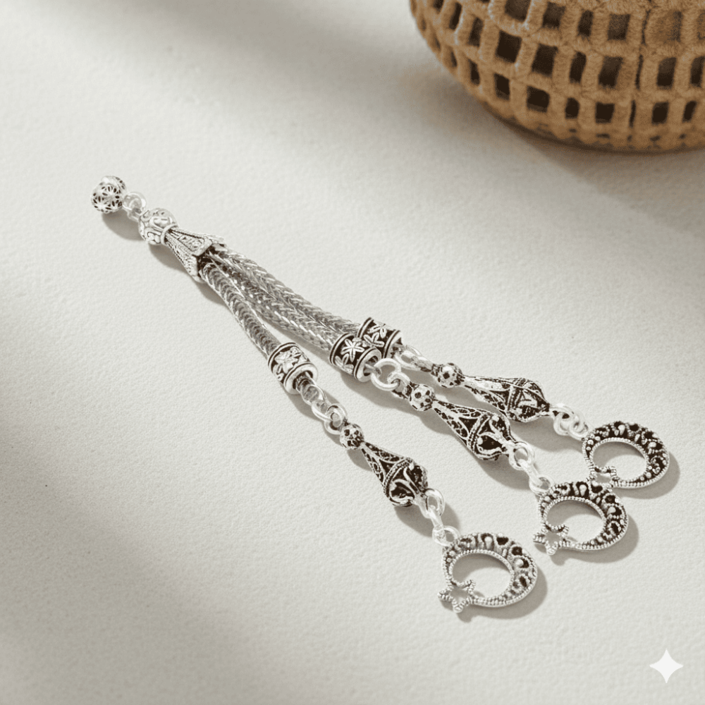 Telkari Ayyıldız Zafer Temalı Foxtail Zincirli Üç Kamçılı Kararmaz Metal Püskül - 1