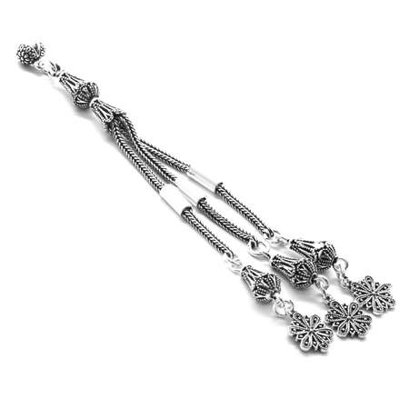 Telkari Model Çiçek Tasarım 3'lü Kamçı 925 Ayar Gümüş Püskül - Tesbihane