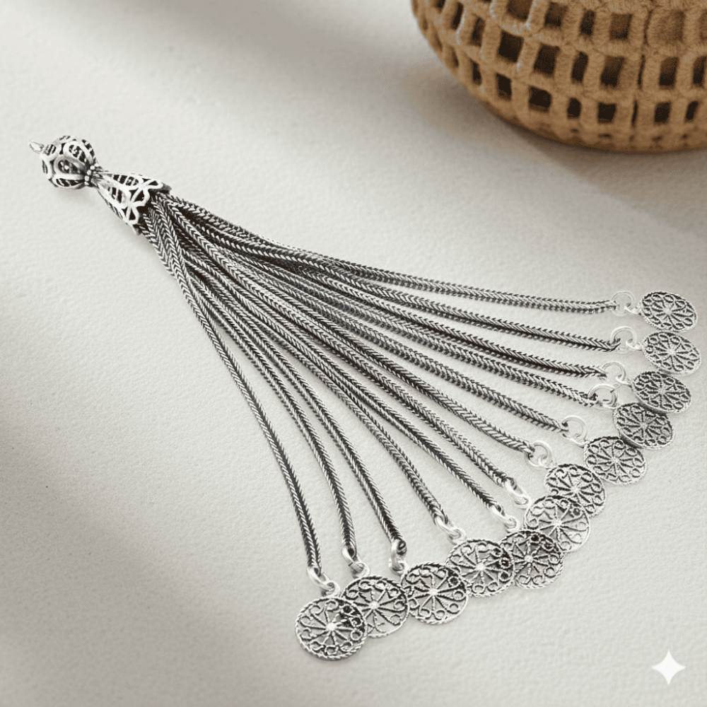 Telkari Selçuklu Motif Tasarım 12 Kamçılı 925 Ayar Gümüş Püskül - 1