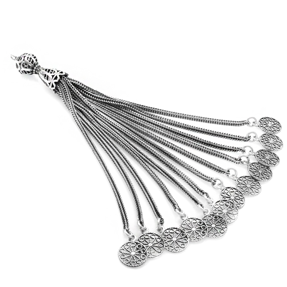 Telkari Selçuklu Motif Tasarım 12 Kamçılı 925 Ayar Gümüş Püskül - 2