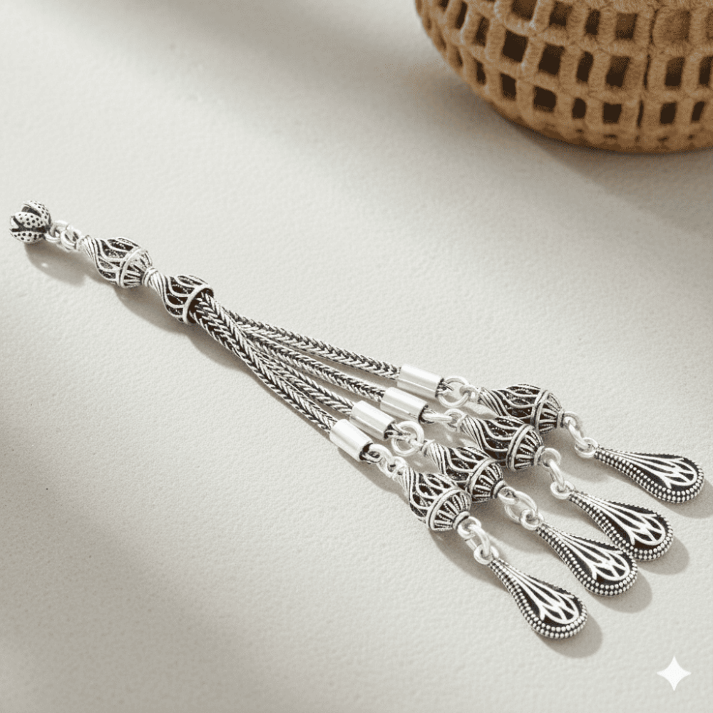 Telkari Su Damlası Tasarım 4 lü Kamçı 925 Ayar Gümüş Püskül - 1