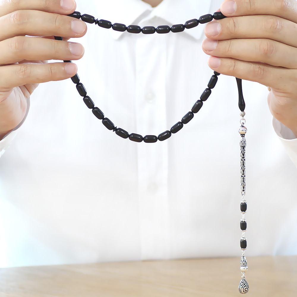 Telkari Tasarım Arnavut Zincirli Kararmaz Metal Püsküllü Kapsül Kesim Abanoz Ağacı Tesbih - 4