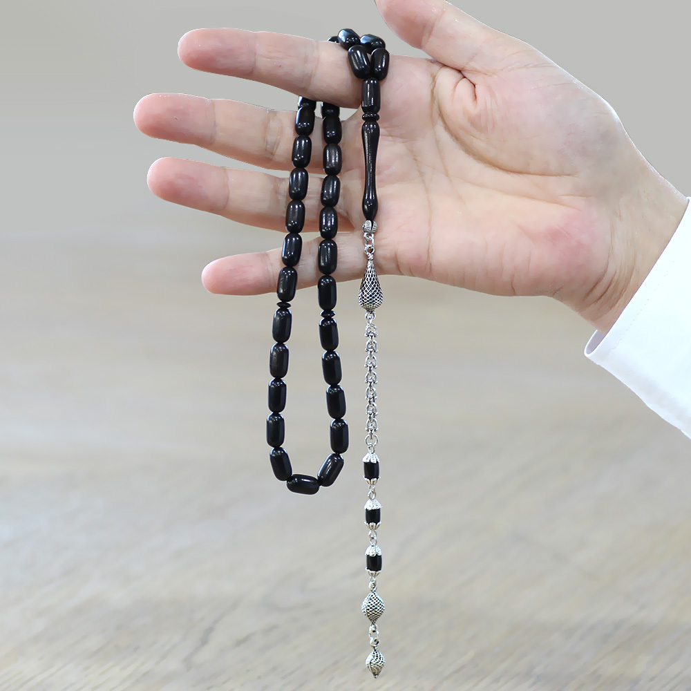 Telkari Tasarım Arnavut Zincirli Kararmaz Metal Püsküllü Kapsül Kesim Abanoz Ağacı Tesbih - 3