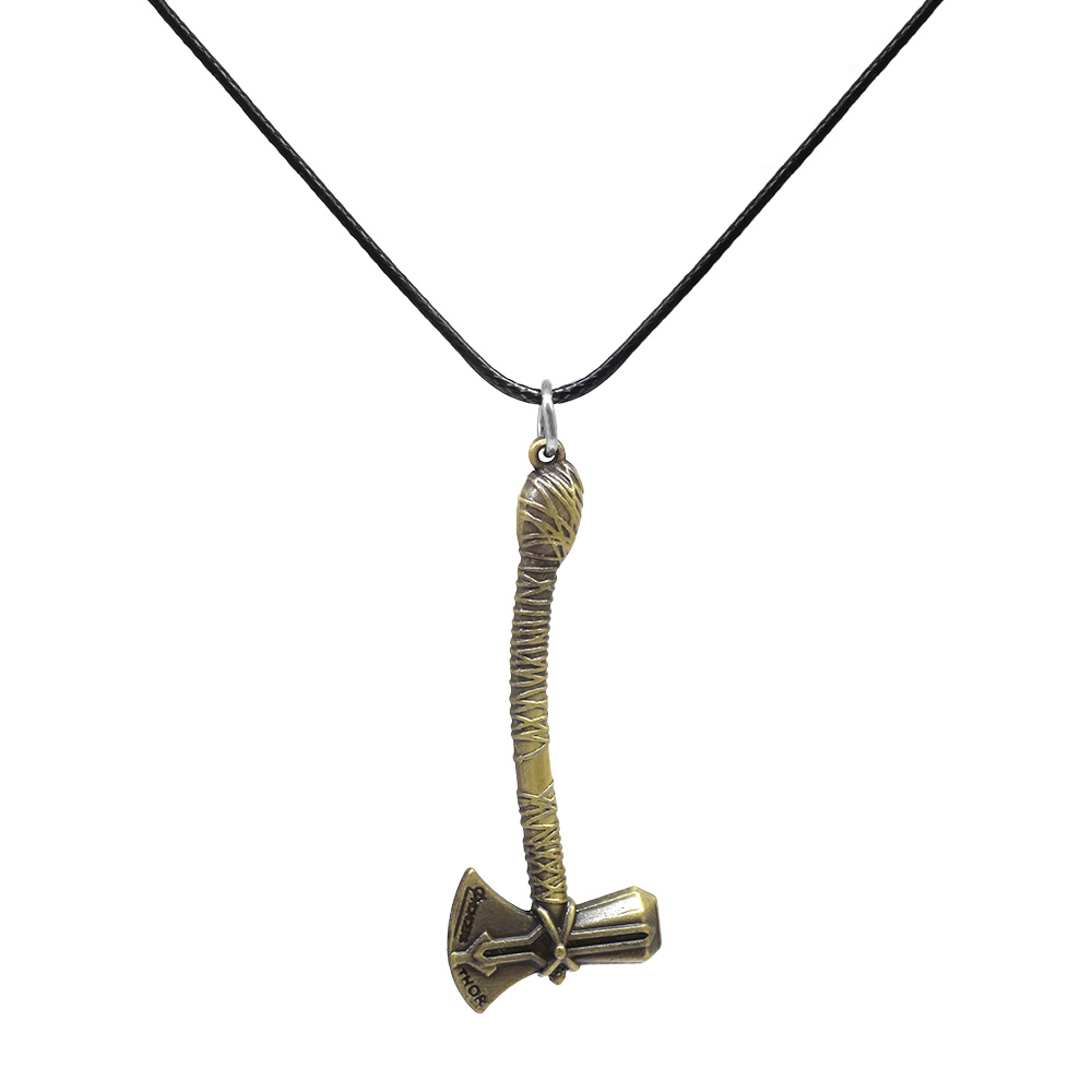 Thor Baltası Tasarım Siyah İp Zincirli Eskitme Renk Pirinç Erkek Kolye - 1