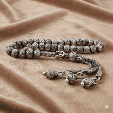 El İşçiliği Küre Kesim Bilek Boy Eskitme Renk 1000 Ayar Gümüş Kazaz Tesbih - Tesbihane