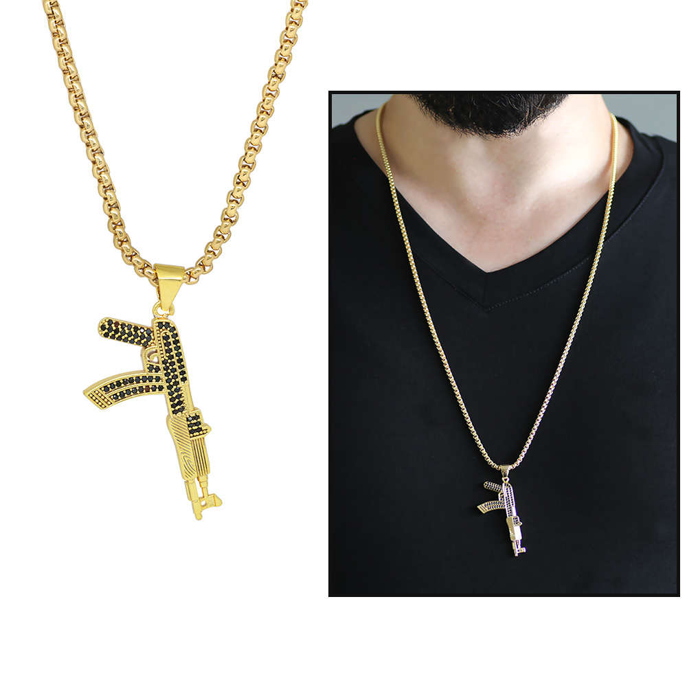 Tüfek Tasarım Siyah Zirkon Taşlı Gold Renk Zincir Pirinç Kolye - 1