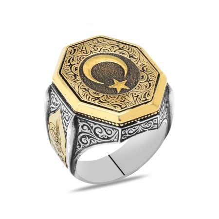 Tuğra Detaylı Ayyıldız Motifli 925 Ayar Gümüş Erkek Yüzük - Tesbihane