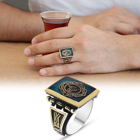 Tuğra Motifli Sıkma Kehribar Taşlı 925 Ayar Gümüş Erkek Yüzük - M2 - Tesbihane