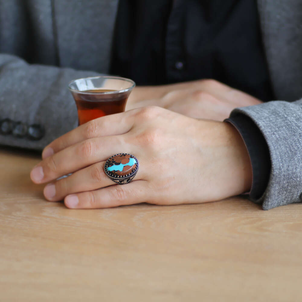 Tuğra Tasarım Doğal Arizona Turkuaz Taşlı 925 Ayar Gümüş Erkek Yüzük - 2