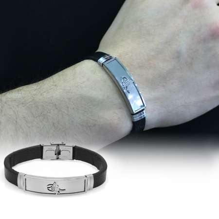 Tuğra Tasarım Siyah Deri Çelik Kombinli Erkek Bileklik - Tesbihane