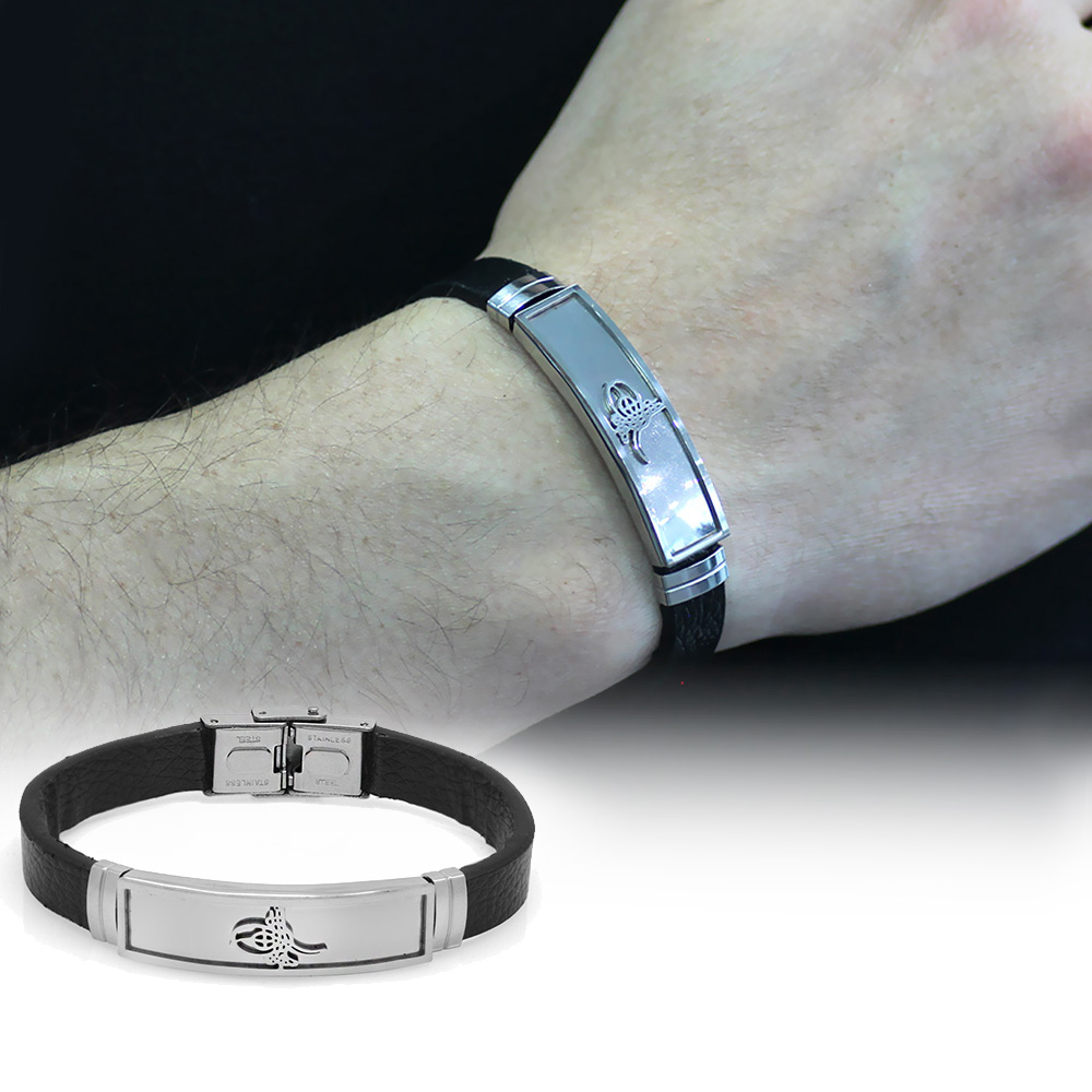 Tuğra Tasarım Siyah Deri Çelik Kombinli Erkek Bileklik - 1