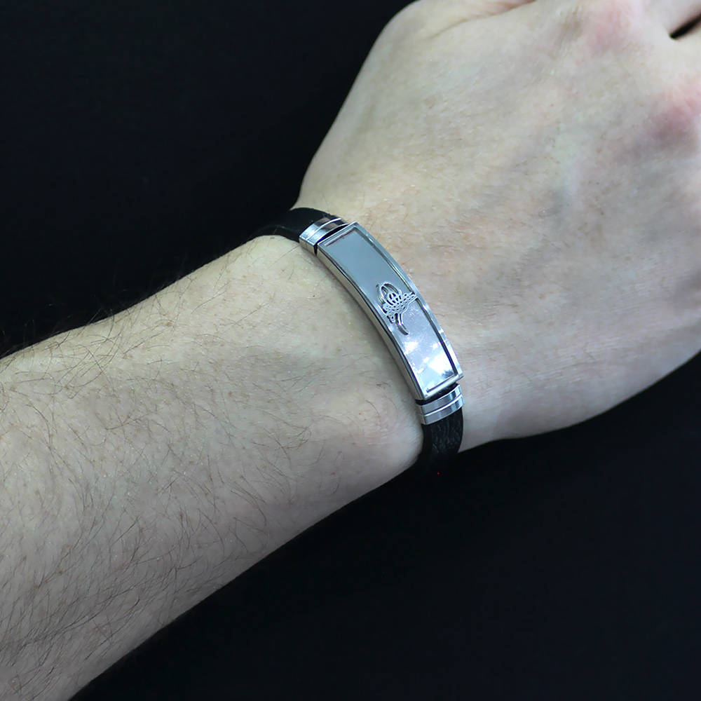 Tuğra Tasarım Siyah Deri Çelik Kombinli Erkek Bileklik - 2