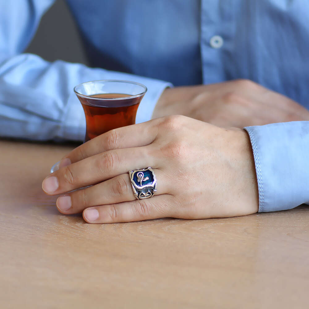 Tuğra Temalı Ayyıldız Detaylı Mavi Mineli 925 Ayar Gümüş Erkek Yüzük - 2