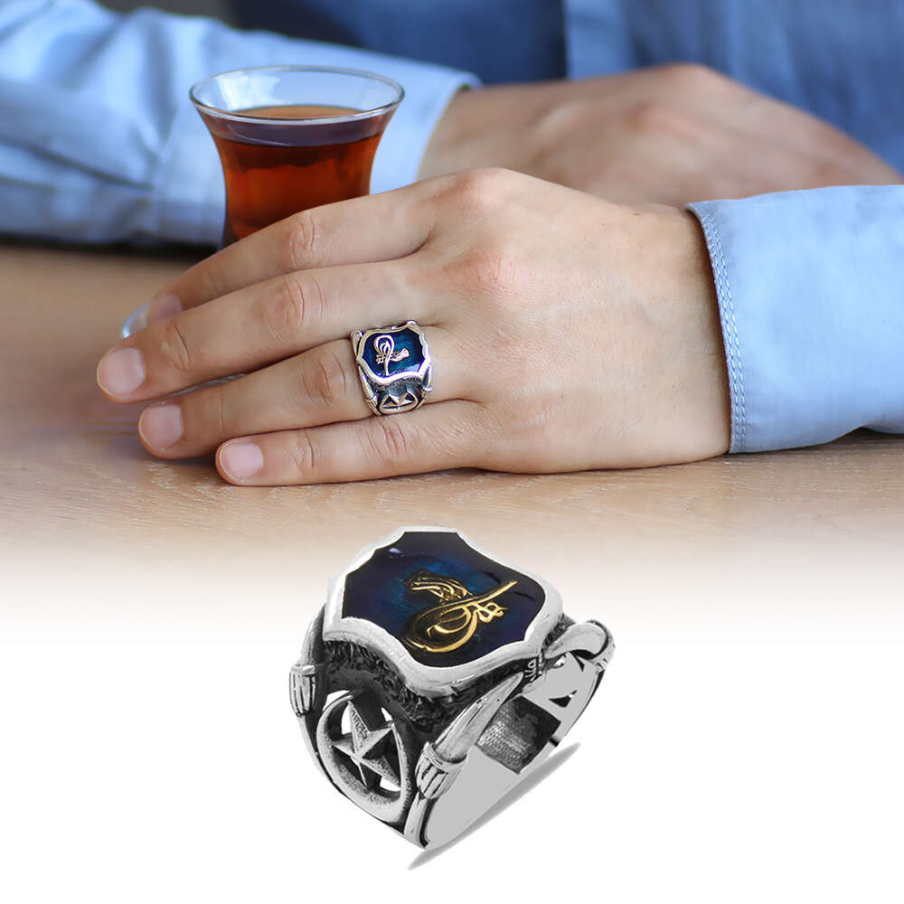 Tuğra Temalı Ayyıldız Detaylı Mavi Mineli 925 Ayar Gümüş Erkek Yüzük - 1