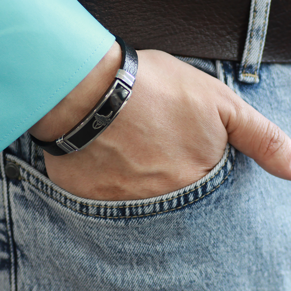 Tuğra Temalı Siyah Deri Çelik Kombinli Erkek Bileklik - 1