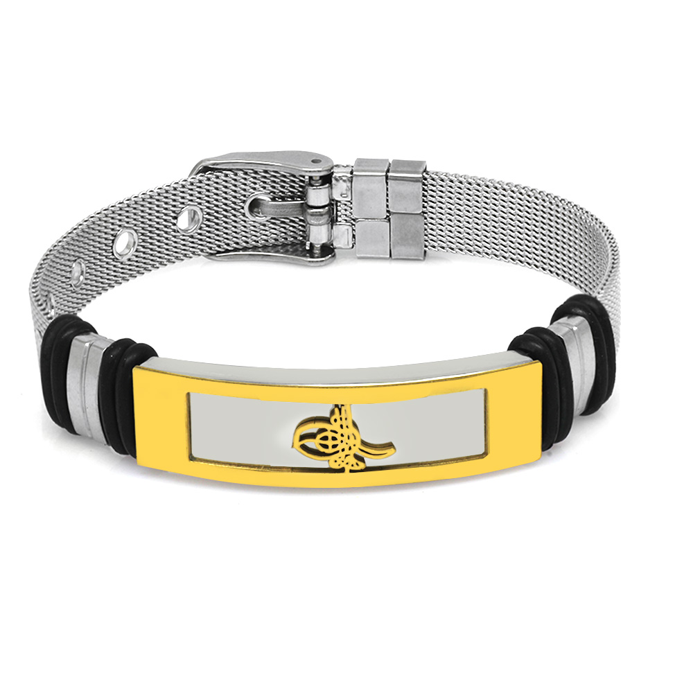 Tuğra Temalı Uzunluk Ayarlanabilir Gümüş Altın Renk Çelik Erkek Hasır Bileklik - 2