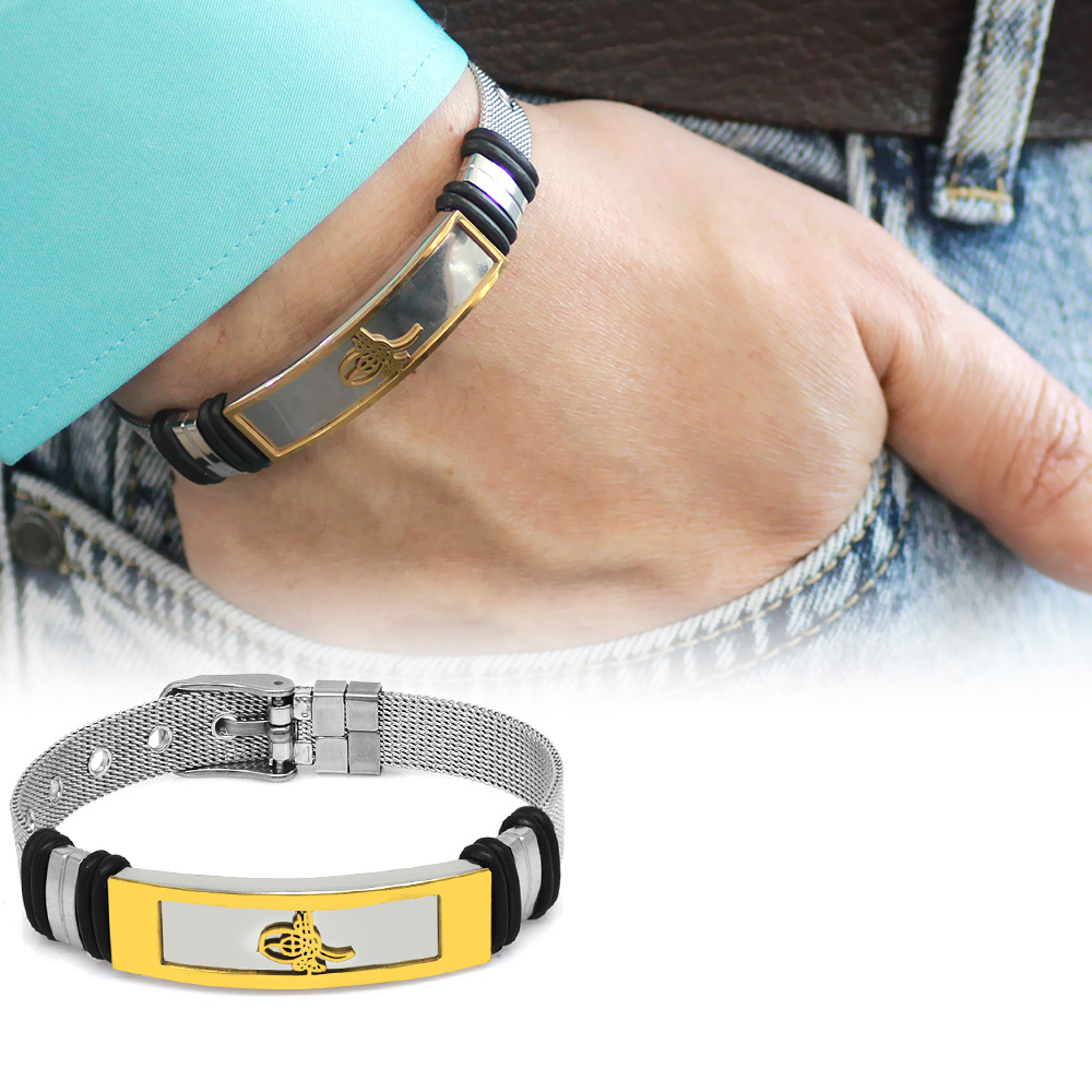 Tuğra Temalı Uzunluk Ayarlanabilir Gümüş Altın Renk Çelik Erkek Hasır Bileklik - 3