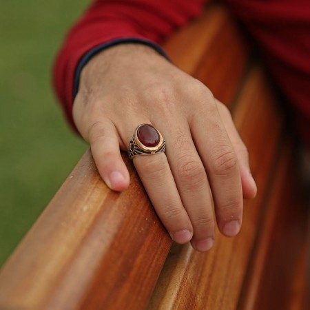 Tuğralı 925 Ayar Gümüş Akik Taşlı Yüzük - Tesbihane