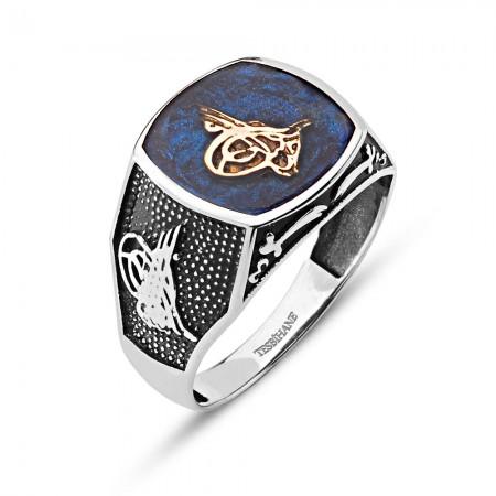 Tuğralı 925 Ayar Gümüş Mavi Mineli Tuğra Yüzük - Tesbihane